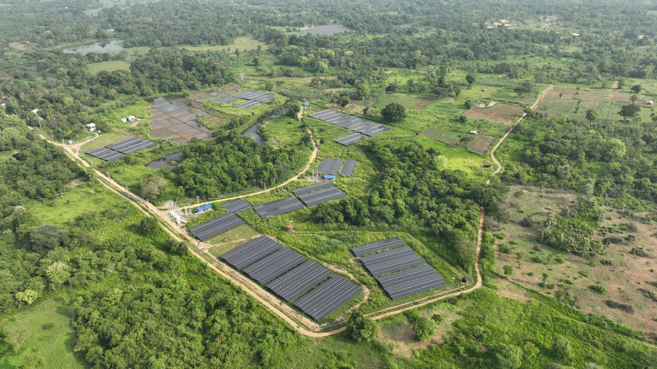 Aerial view of a large ground-mount solar installation in a forested valley